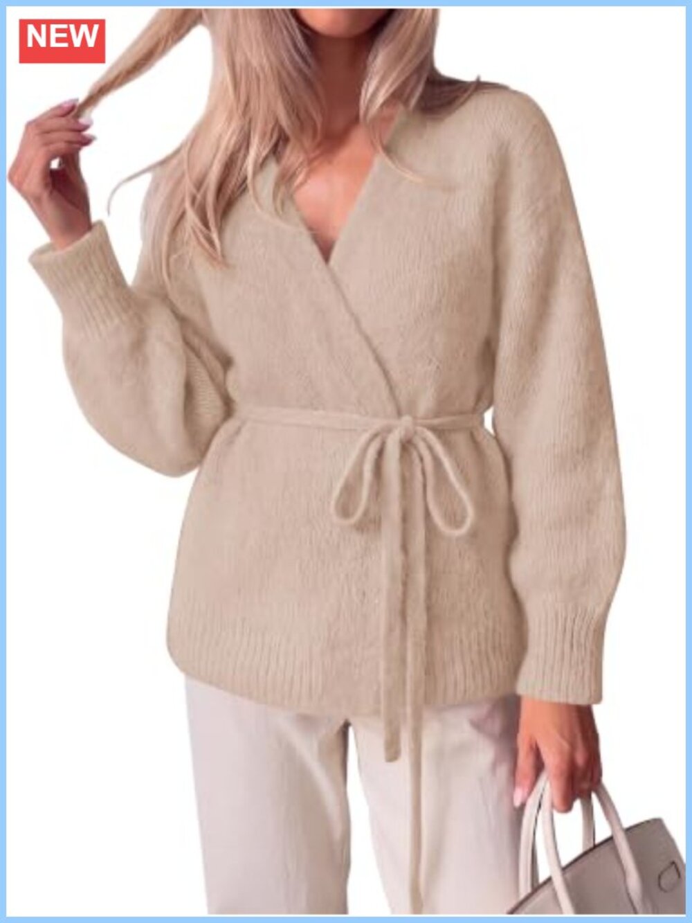 V Neck Wrap Tie Front Cardigan Sweater Oversized Drop Shoulder